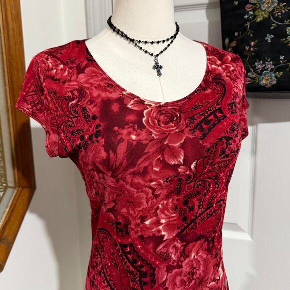 VTG Y2K Susan Lawrence Red & Black Floral Paisley Romantic Slinky Vampy Top S - Picture 2 of 8